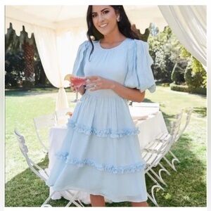 RACHEL PARCELL rare blue puff sleeve ruffle flare midi dress
